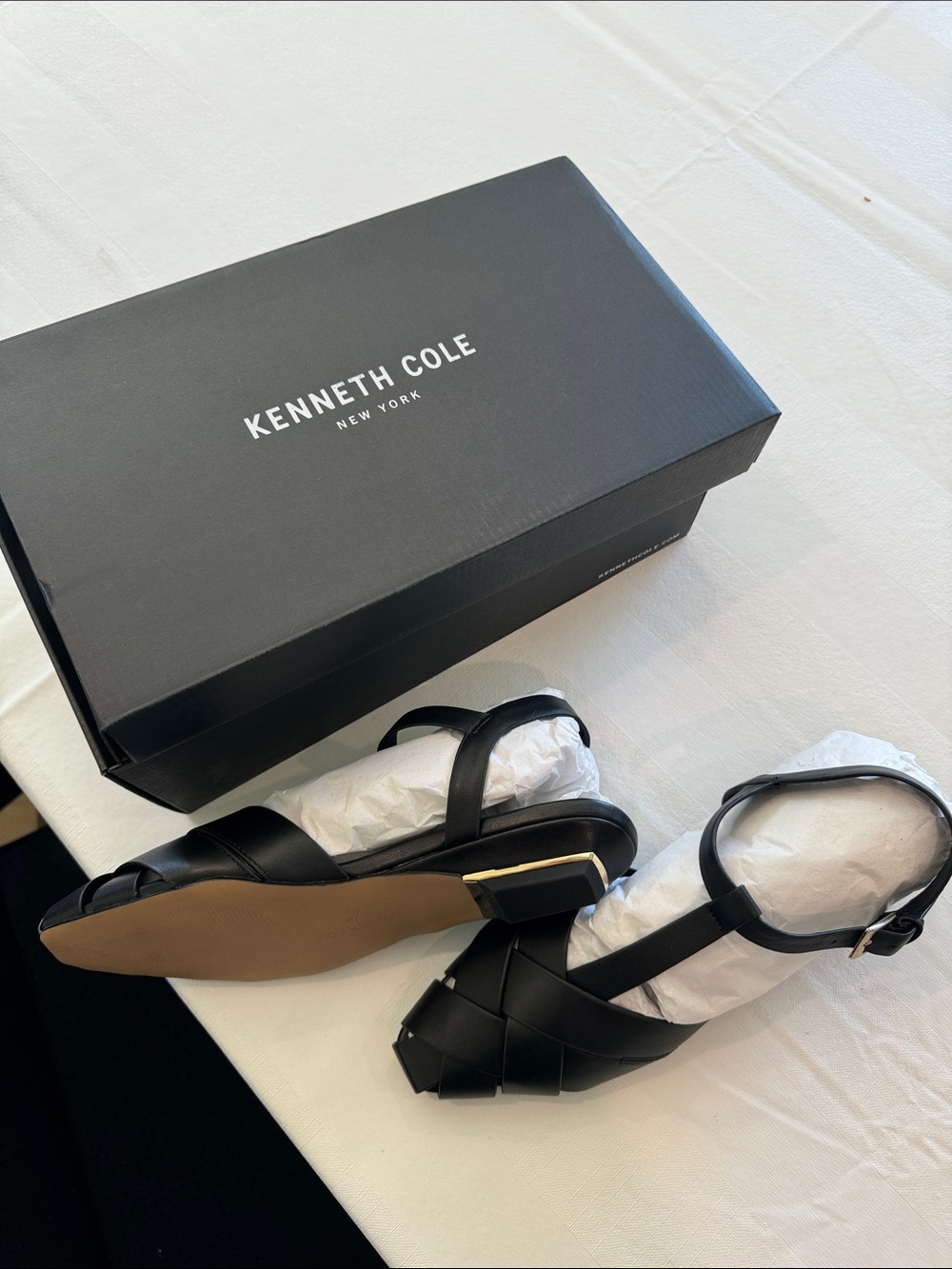 Kenneth Cole Black Woven Leather Ankle-Strap Block Heel Sandals